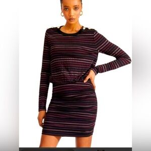 Veronica Beard Marcy Ruched Mini Striped Dress with Button Accents
